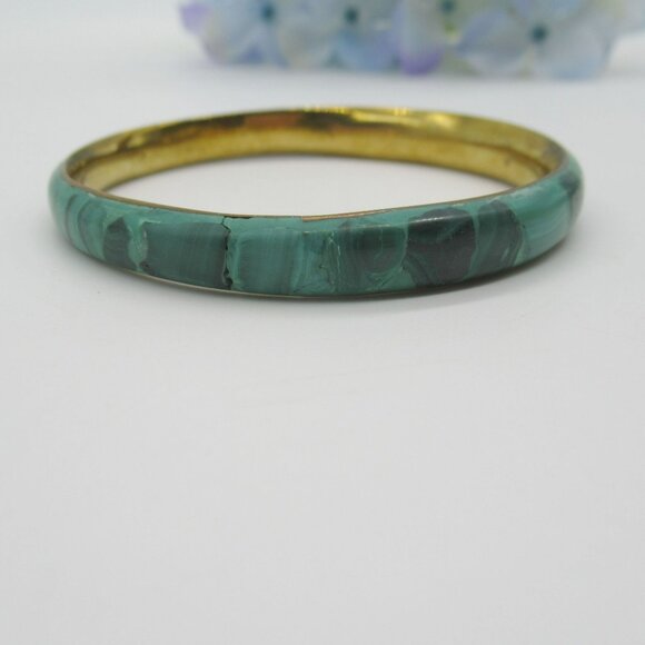 Vintage Malachite Inlaid Bracelet Golden Brass Bangle Green Stone - Picture 2 of 9